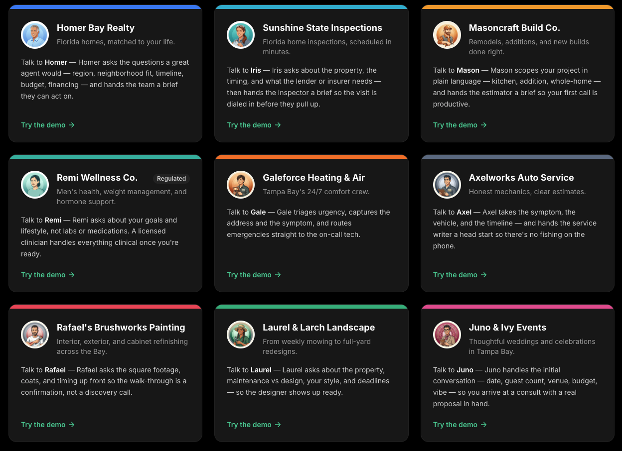 A matrix of industry-tailored AI assistant demos