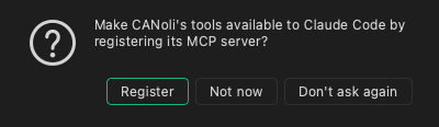 The prompt offering to register CANoli's MCP server with Claude Code