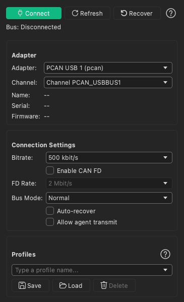 The Connection panel, showing the Adapter and Connection Settings groups and the Profiles section