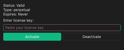 The License Management dialog, showing licence status and the key entry field