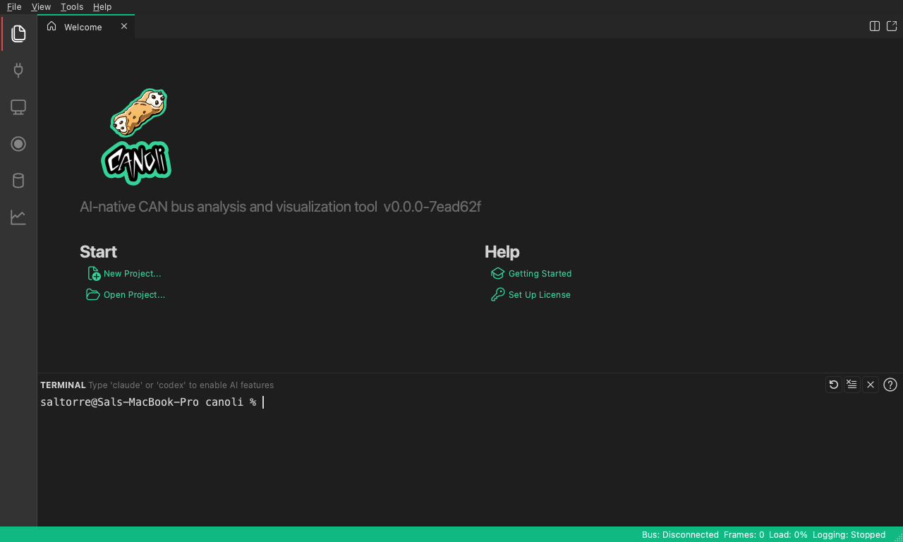 The CANoli main window on first launch, with the Welcome tab open and the sidebar down the left edge