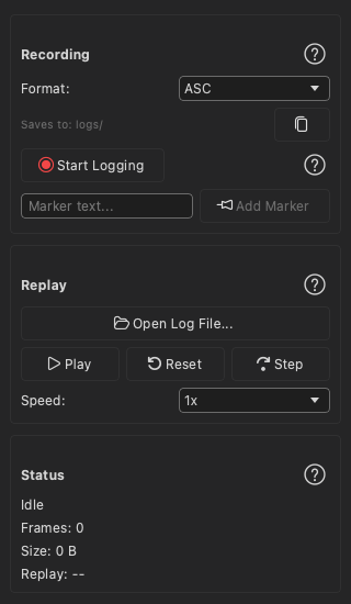 The Logger panel, with the recording controls above the replay controls