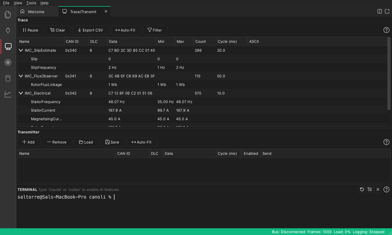 The Trace window receiving live traffic, with three messages expanded into their decoded signals