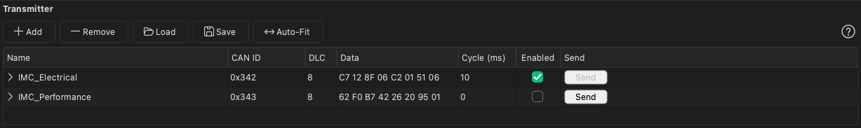 The Transmit panel with two entries: one cyclic at 10 ms and enabled, one single-shot sent with its Send button
