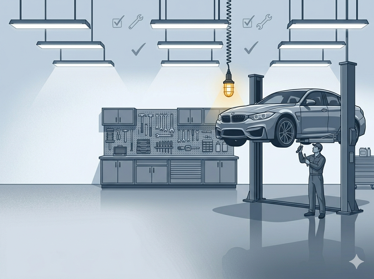 Mechanic working on a vehicle in a clean, modern shop