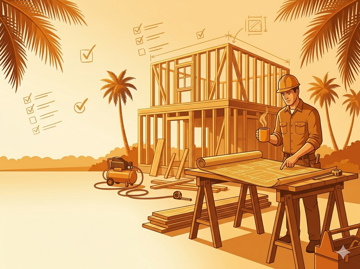 Contractor reviewing blueprints on a job site