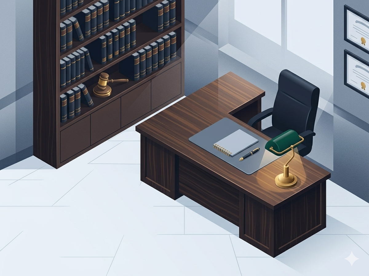 Clean law firm library with warm lighting