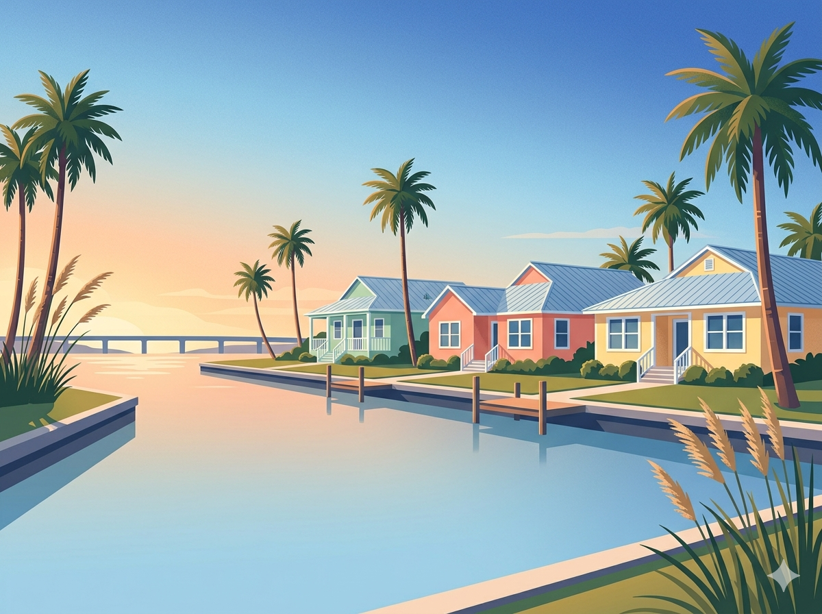 Florida coastal neighborhood at golden hour