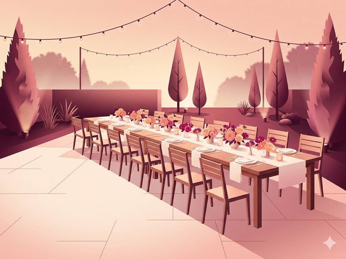 Elegant outdoor wedding reception with string lights and florals