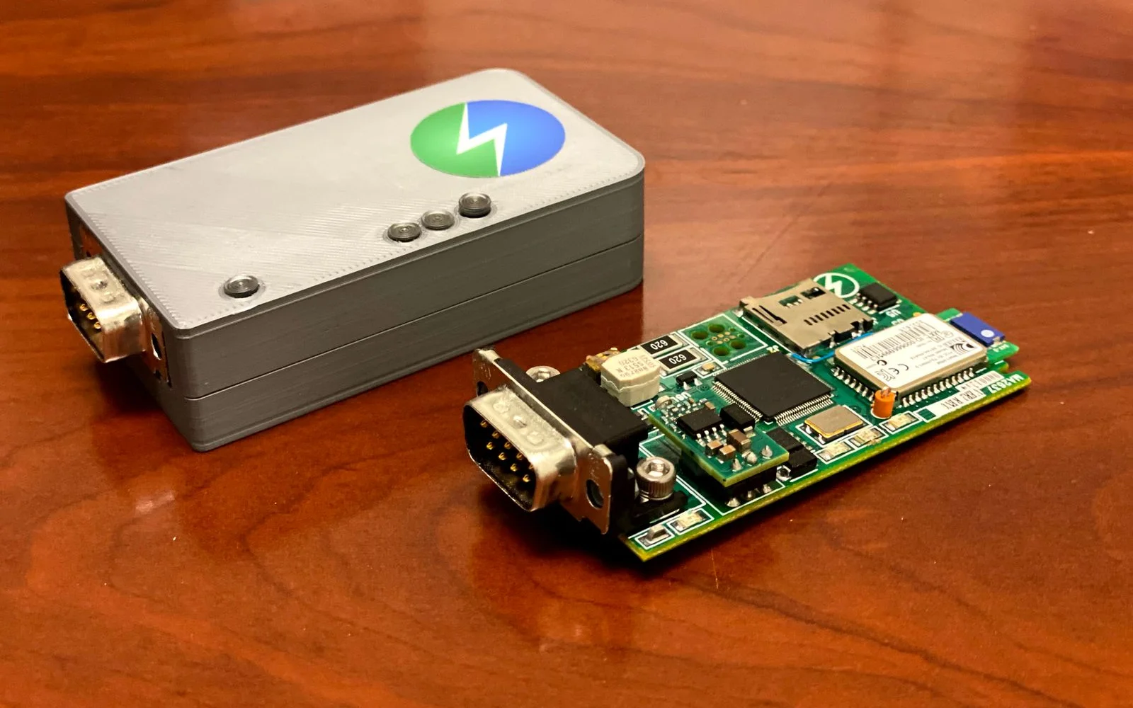 The Bluetooth CANbus bridge beside its PIC32 board
