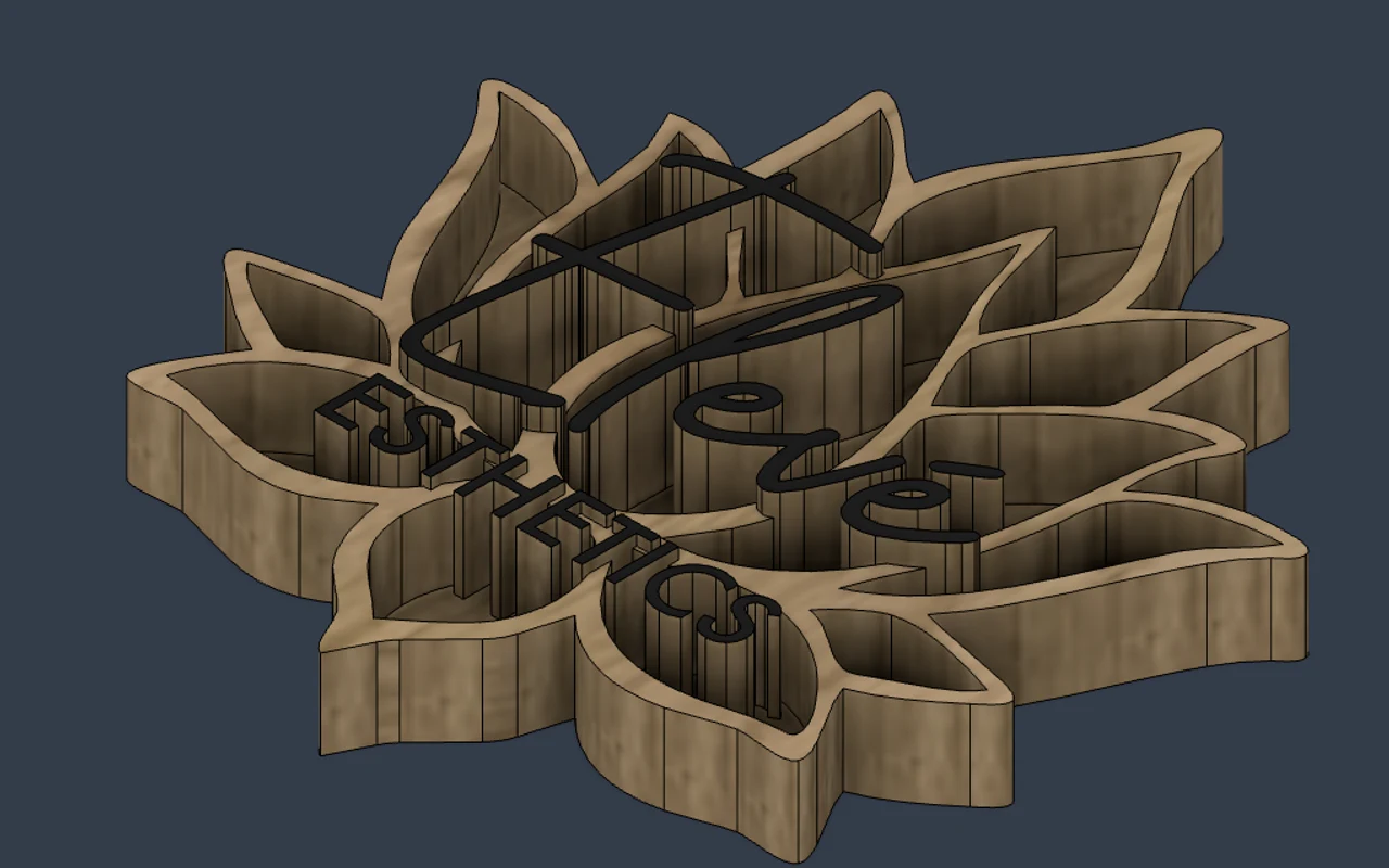 A CAD model of a lotus-shaped Elevé Esthetics sign with raised script