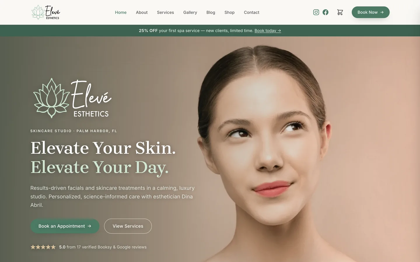 Elevé Esthetics homepage, eleveyourday.com