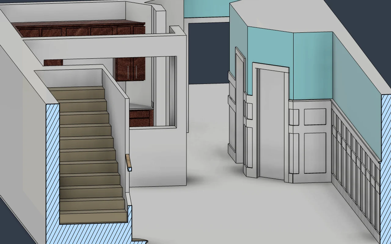 A 3D architectural model of a living room with stairs and cabinetry