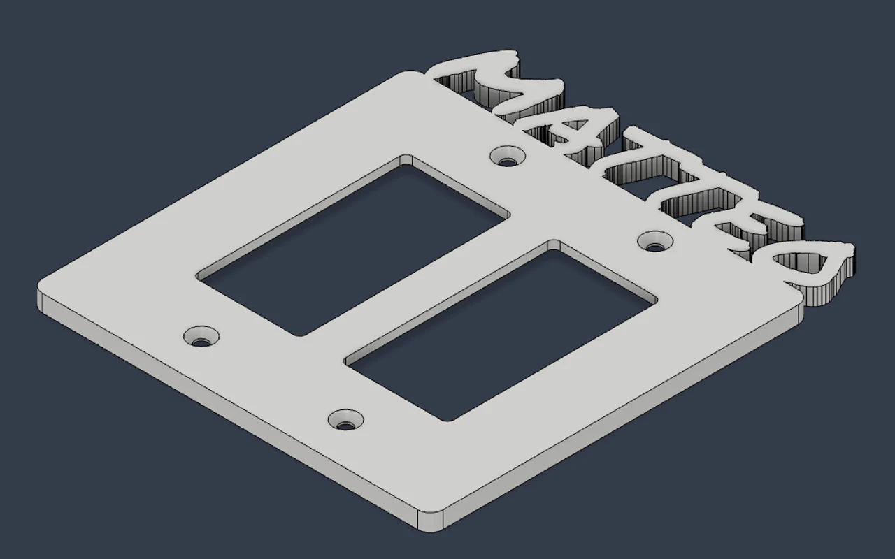 A CAD model of a custom two-gang outlet plate with raised lettering