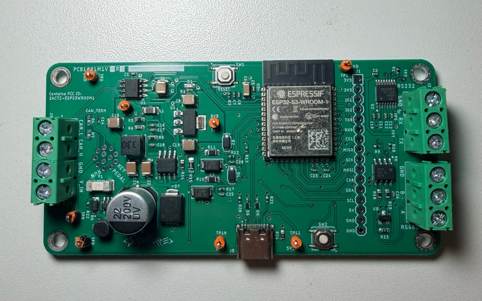 The multi-protocol CAN bridge board with CAN, RS232, RS485, USB, and an ESP32-S3 module