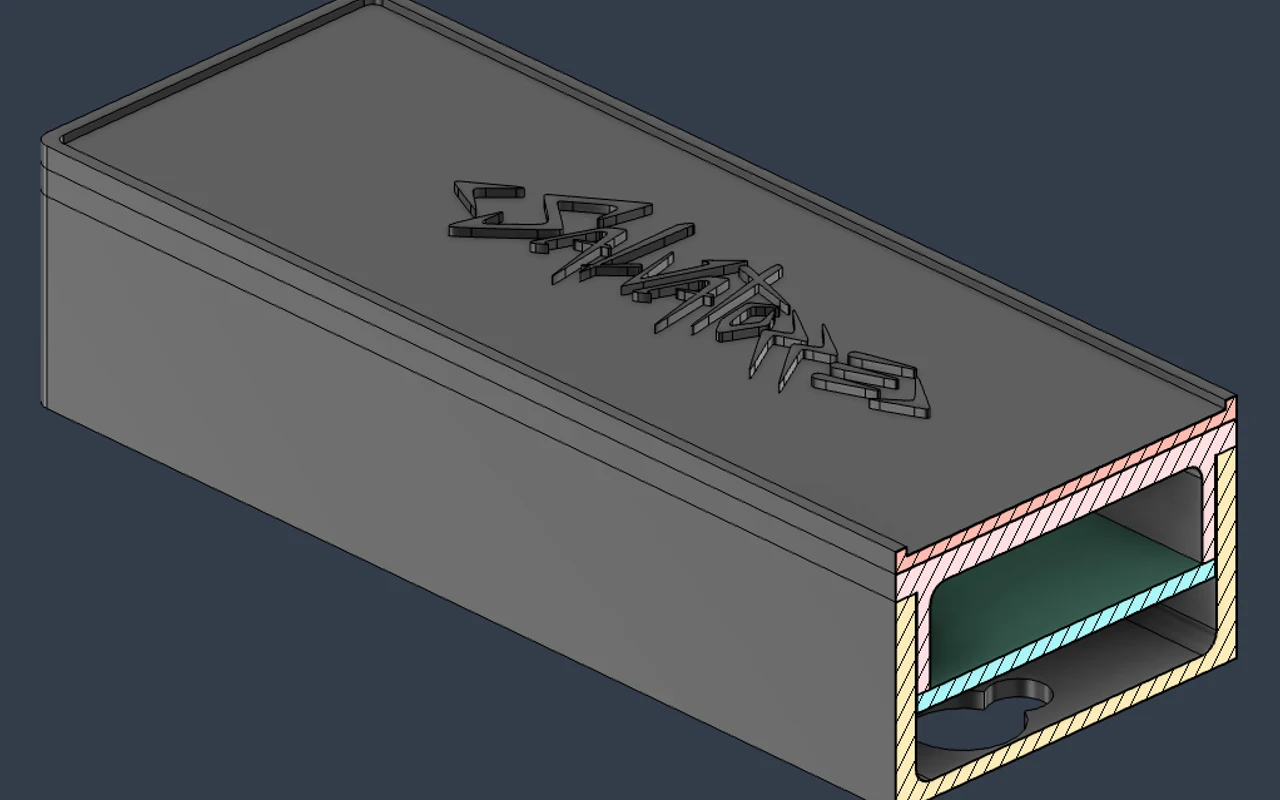 A CAD section view of a Salvatorre-branded electronics enclosure around a PCB