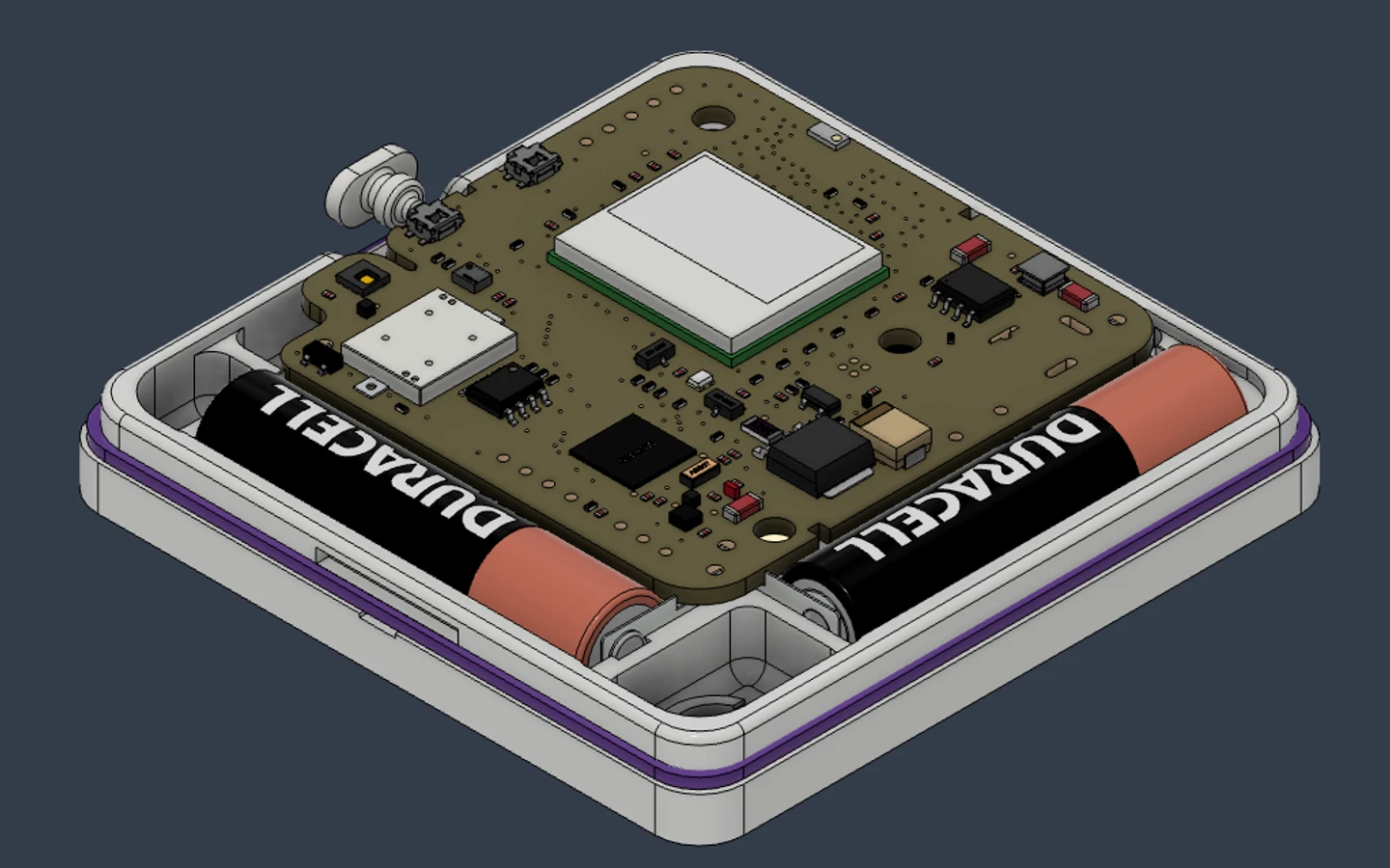 A Fusion CAD render of the spooresLEAK board and batteries seated in its enclosure