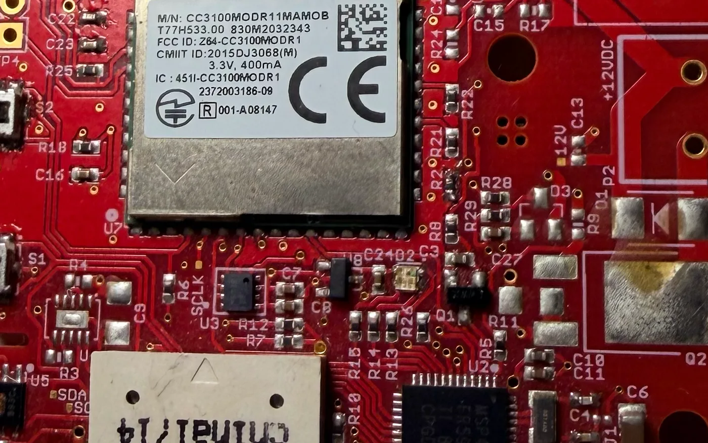 The spooresLEAK sensor board with a CC3100 Wi-Fi module and onboard sensors